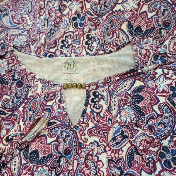 Westport 1962 Sz L SS Floral Beaded Keyhole Neckline Rayon Blend Stretch Blouse - Picture 6 of 6
